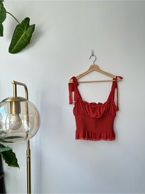 Aritzia Orange Tie-Shoulder Smocked Ruffle Crop Top